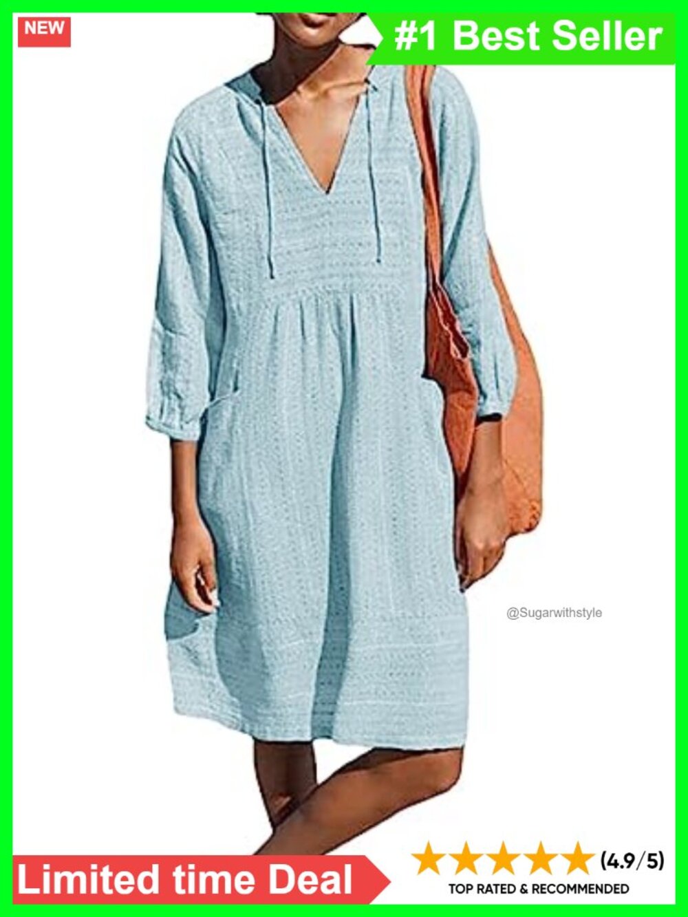 Womens Cotton Tunic Dress V-Neck 3/4 Sleeve Loose Shift Casual Summer